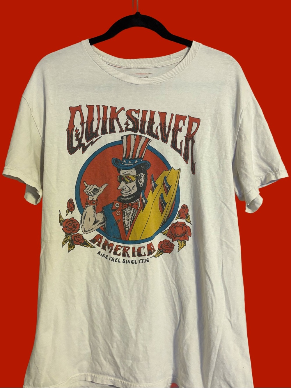 Quiksilver White Short-Sleeve Tee Abe Lincoln Patriotic Surf Graphic Sz L